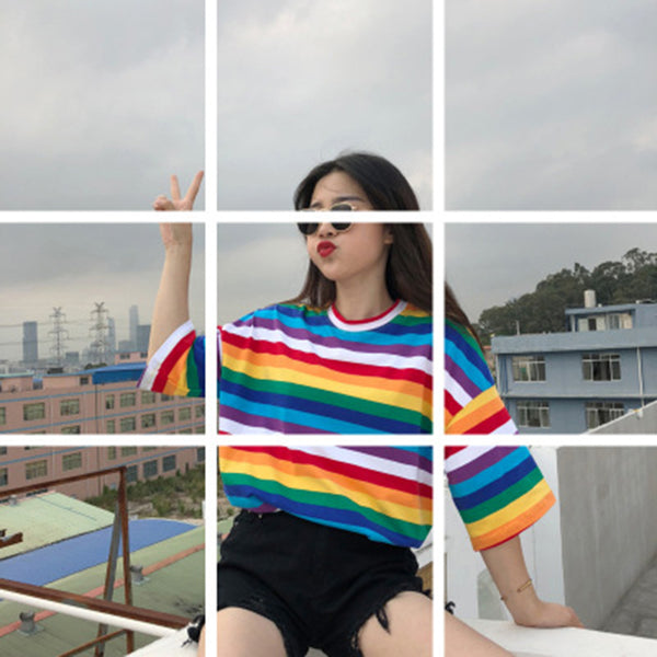 Spring And Summer New Personality Rainbow Striped O-Neck Casual