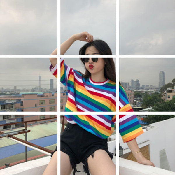 Spring And Summer New Personality Rainbow Striped O-Neck Casual