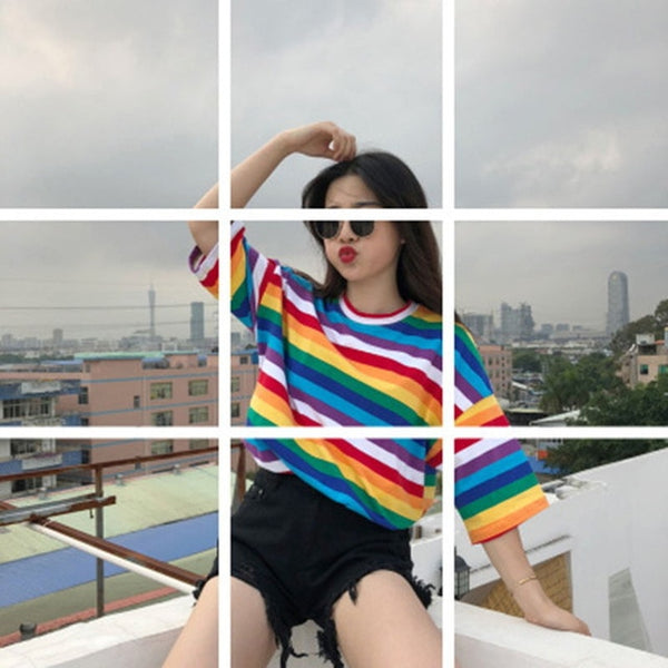 Spring And Summer New Personality Rainbow Striped O-Neck Casual