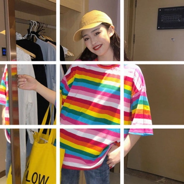 Spring And Summer New Personality Rainbow Striped O-Neck Casual