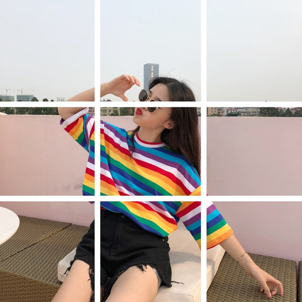 Spring And Summer New Personality Rainbow Striped O-Neck Casual