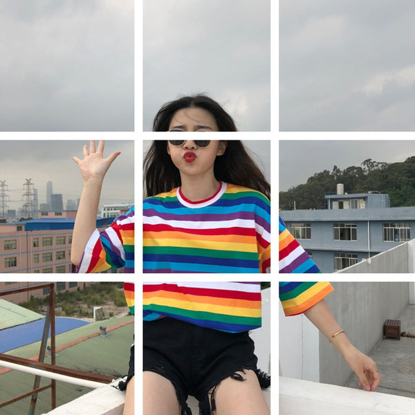Spring And Summer New Personality Rainbow Striped O-Neck Casual