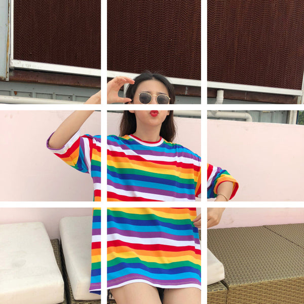 Spring And Summer New Personality Rainbow Striped O-Neck Casual