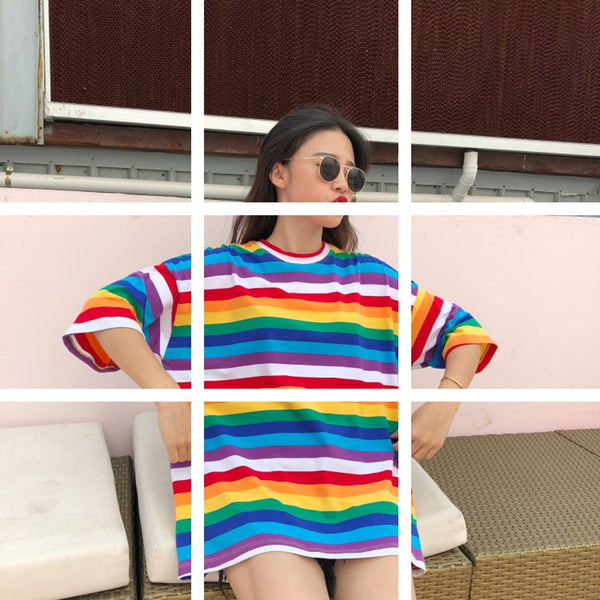 Spring And Summer New Personality Rainbow Striped O-Neck Casual