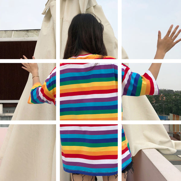 Spring And Summer New Personality Rainbow Striped O-Neck Casual