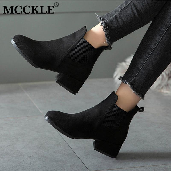 Women Ankle Boots Suede Black Chelsea Boots Slip on Ladies Casual Thick Heel