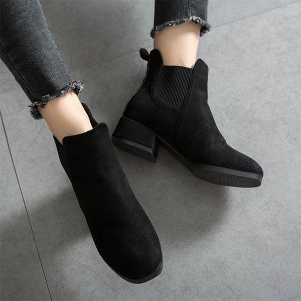 Women Ankle Boots Suede Black Chelsea Boots Slip on Ladies Casual Thick Heel