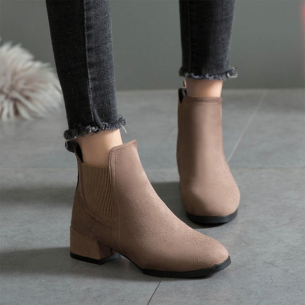 Women Ankle Boots Suede Black Chelsea Boots Slip on Ladies Casual Thick Heel