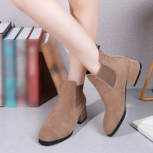 Women Ankle Boots Suede Black Chelsea Boots Slip on Ladies Casual Thick Heel