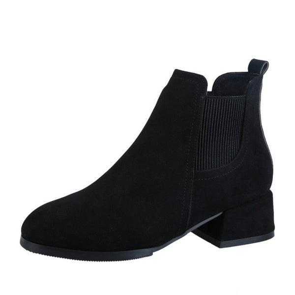 Women Ankle Boots Suede Black Chelsea Boots Slip on Ladies Casual Thick Heel