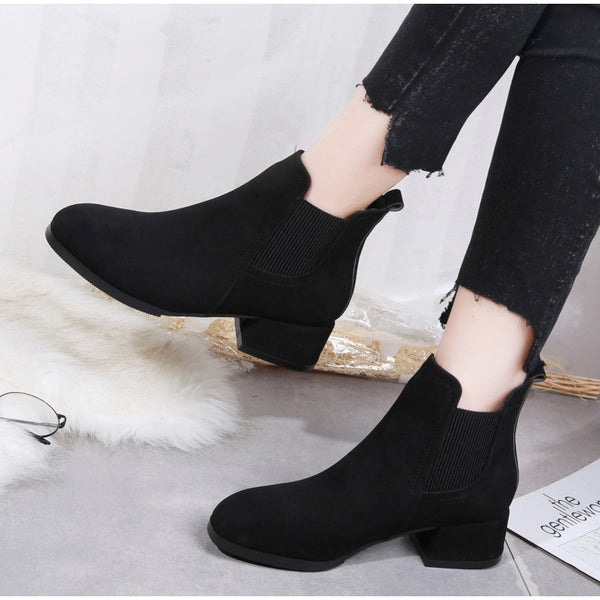 Women Ankle Boots Suede Black Chelsea Boots Slip on Ladies Casual Thick Heel