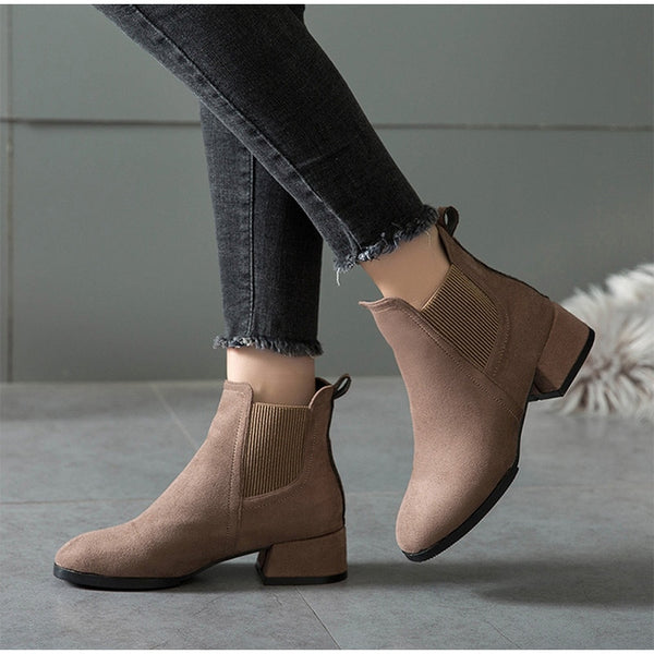Women Ankle Boots Suede Black Chelsea Boots Slip on Ladies Casual Thick Heel