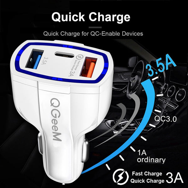 QGEEM QC 3.0 USB C Car Charger 3-Ports Quick Charge 3.0 Fast Charger for Car Phone Charging Adapter
