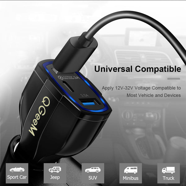 QGEEM QC 3.0 USB C Car Charger 3-Ports Quick Charge 3.0 Fast Charger for Car Phone Charging Adapter