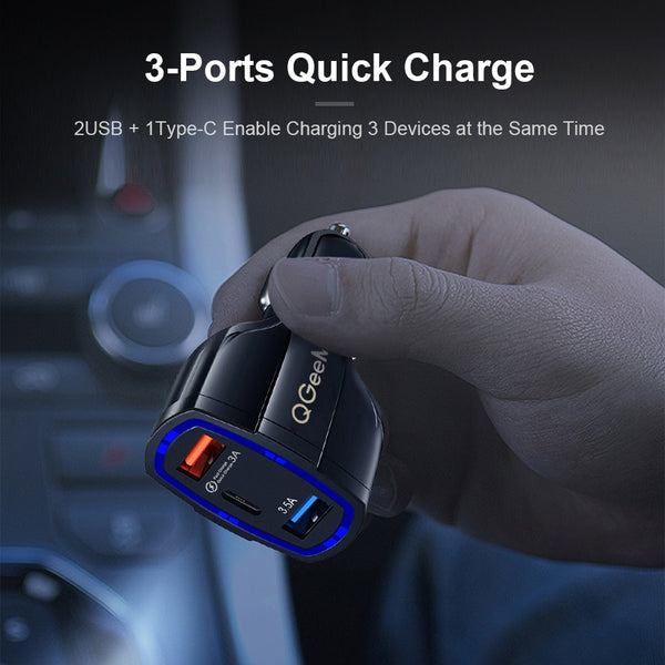 QGEEM QC 3.0 USB C Car Charger 3-Ports Quick Charge 3.0 Fast Charger for Car Phone Charging Adapter