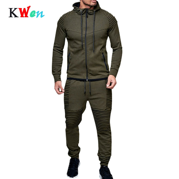 New  Men's Autumn Hoodies Tracksuit Set Male Zipper Pleated