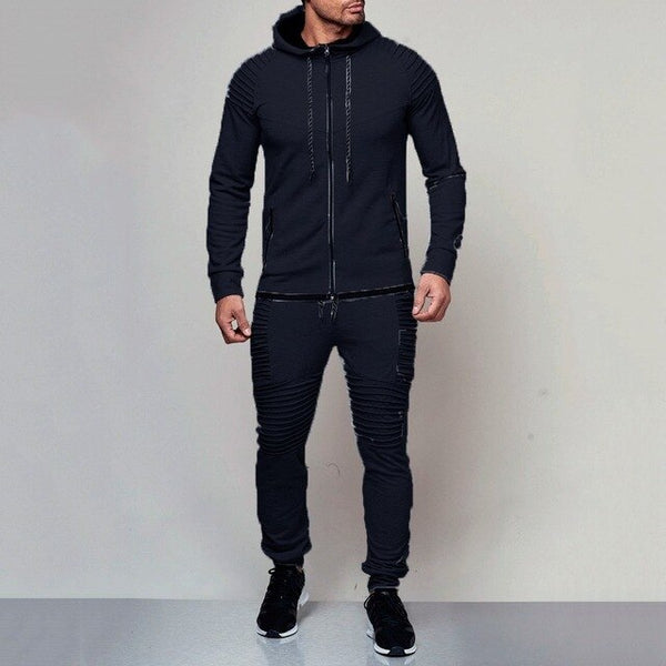 New  Men's Autumn Hoodies Tracksuit Set Male Zipper Pleated