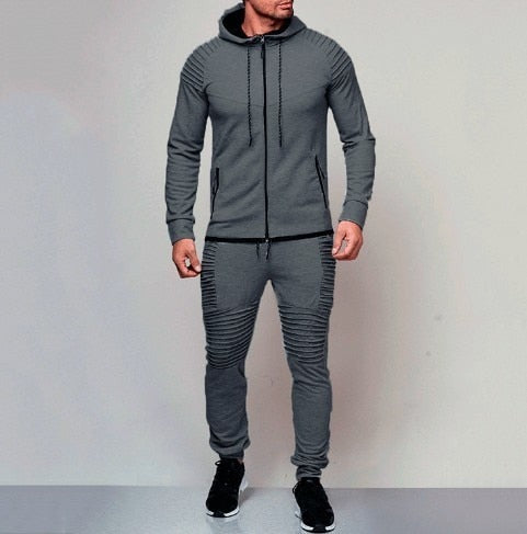 New  Men's Autumn Hoodies Tracksuit Set Male Zipper Pleated