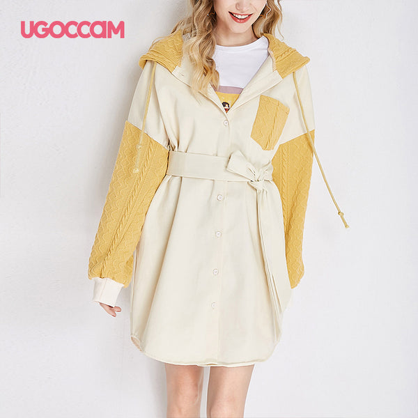 UGOCCAM Hooded Coat Yellow Women Coat Trench Oversize Splice Knitted Winter Windproof