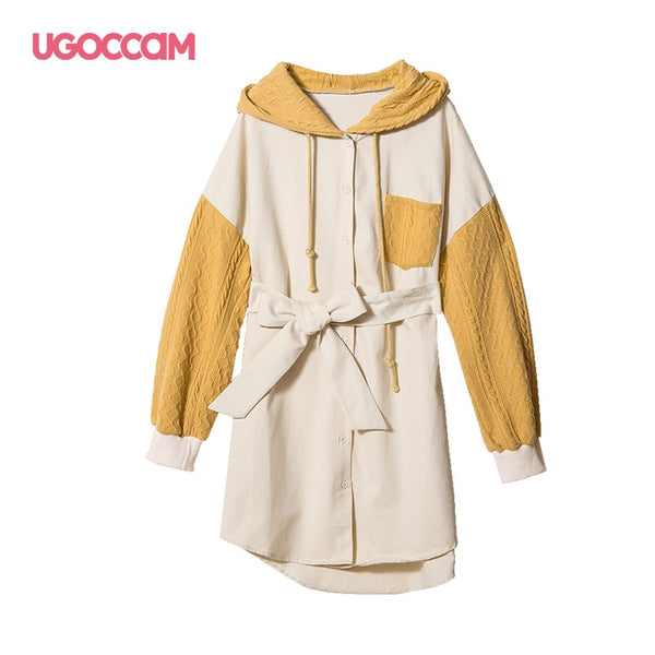UGOCCAM Hooded Coat Yellow Women Coat Trench Oversize Splice Knitted Winter Windproof
