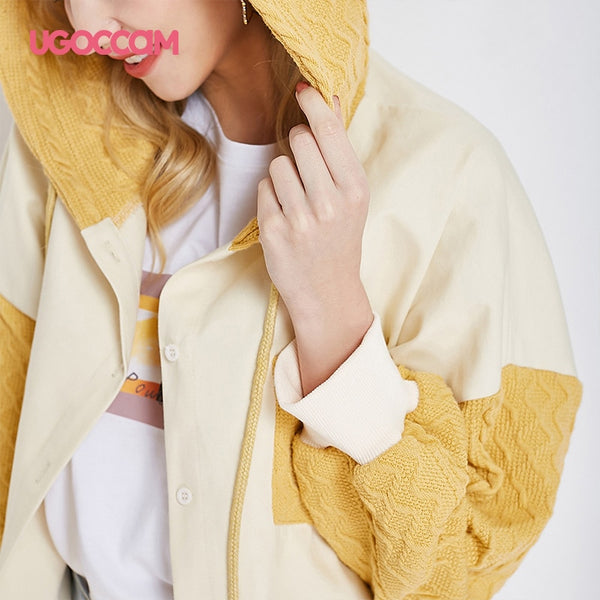 UGOCCAM Hooded Coat Yellow Women Coat Trench Oversize Splice Knitted Winter Windproof