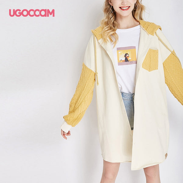 UGOCCAM Hooded Coat Yellow Women Coat Trench Oversize Splice Knitted Winter Windproof