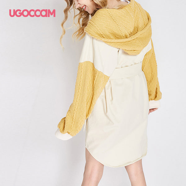 UGOCCAM Hooded Coat Yellow Women Coat Trench Oversize Splice Knitted Winter Windproof