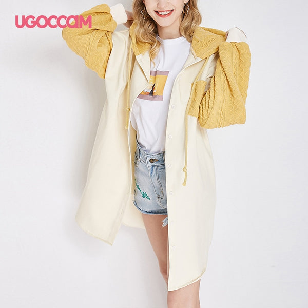 UGOCCAM Hooded Coat Yellow Women Coat Trench Oversize Splice Knitted Winter Windproof