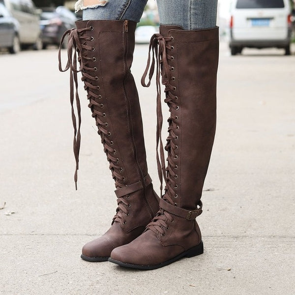 Sexy Lace Up Over Knee Boots Women rome style Boots Women Flats Shoes Woman suede long Boots