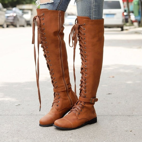 Sexy Lace Up Over Knee Boots Women rome style Boots Women Flats Shoes Woman suede long Boots