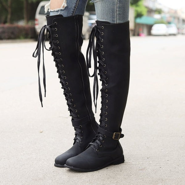 Sexy Lace Up Over Knee Boots Women rome style Boots Women Flats Shoes Woman suede long Boots