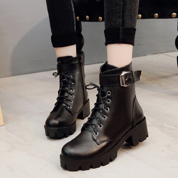 Buckle Motorcycle Boots Women British Style Ankle Boots Gothic Punk Low Heel ankle