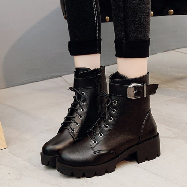 Buckle Motorcycle Boots Women British Style Ankle Boots Gothic Punk Low Heel ankle