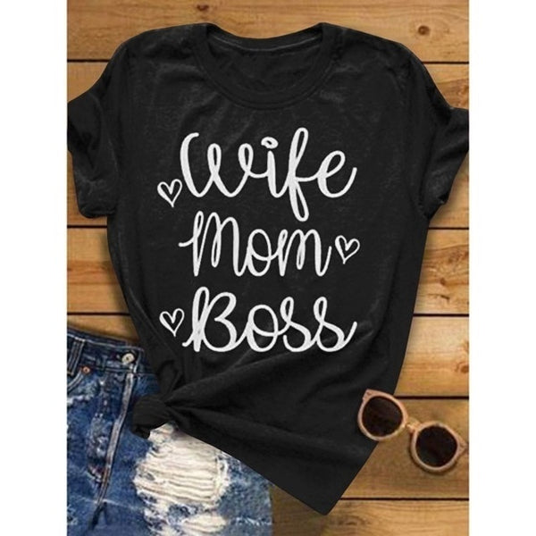 Wife Mom Boss Print  Short Sleeve T-shirt