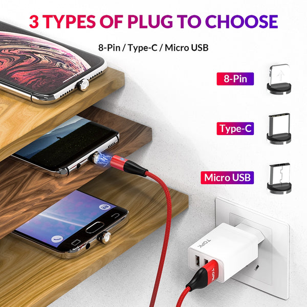 TOPK AM60 3A Fast Charging LED Magnetic Micro USB Type C Cable