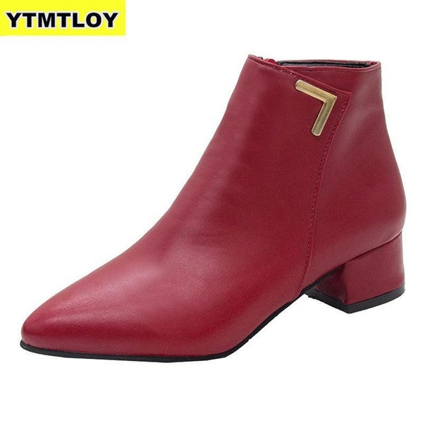 Fashion Women Boots Casual Leather Low High Heels Spring  Black Red Zapatos Mujer