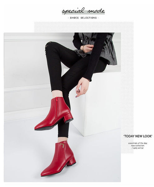 Fashion Women Boots Casual Leather Low High Heels Spring  Black Red Zapatos Mujer
