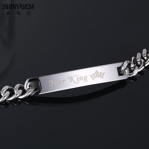 Steel Couple Bracelet Personalize Engrave Her King & His Queen ID Bracelet Lover's Bracelet Set For Women Men