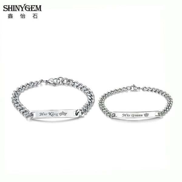 Steel Couple Bracelet Personalize Engrave Her King & His Queen ID Bracelet Lover's Bracelet Set For Women Men