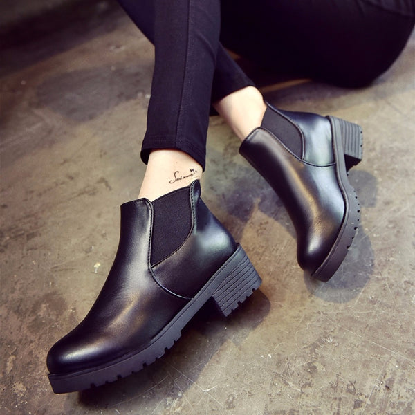 JAYCOSIN winter boots women Leather Low Flat Block Heel Chelsea Ankle Boots Shoes Waterproof