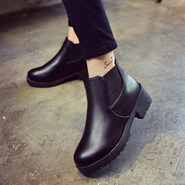 JAYCOSIN winter boots women Leather Low Flat Block Heel Chelsea Ankle Boots Shoes Waterproof