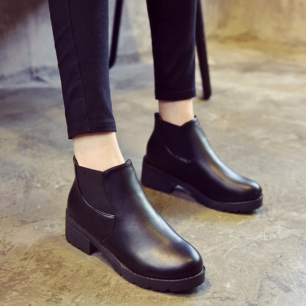 JAYCOSIN winter boots women Leather Low Flat Block Heel Chelsea Ankle Boots Shoes Waterproof