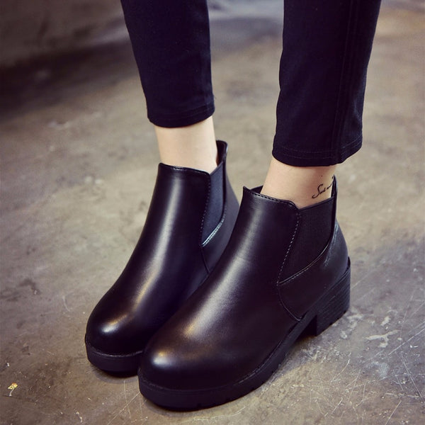 JAYCOSIN winter boots women Leather Low Flat Block Heel Chelsea Ankle Boots Shoes Waterproof