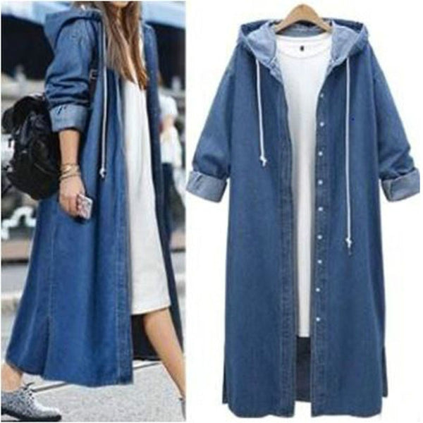 Plus Size Elegant Denim Jacket Long Coat Women's Hooded  Casual Aesthetic Jean Loose Windbreaker