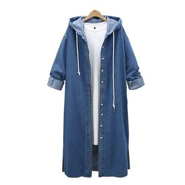 Plus Size Elegant Denim Jacket Long Coat Women's Hooded  Casual Aesthetic Jean Loose Windbreaker