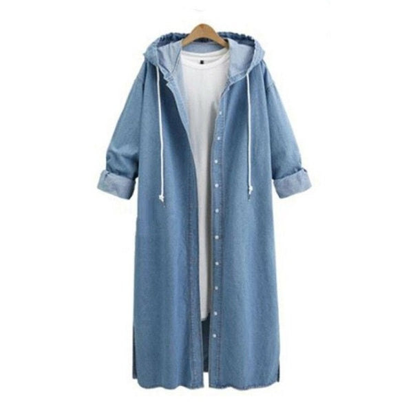 Plus Size Elegant Denim Jacket Long Coat Women's Hooded  Casual Aesthetic Jean Loose Windbreaker