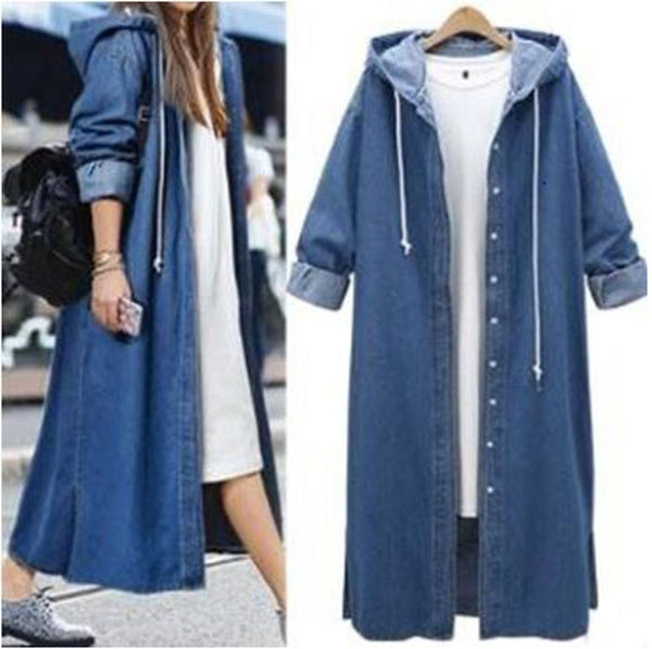 Plus Size Elegant Denim Jacket Long Coat Women's Hooded  Casual Aesthetic Jean Loose Windbreaker