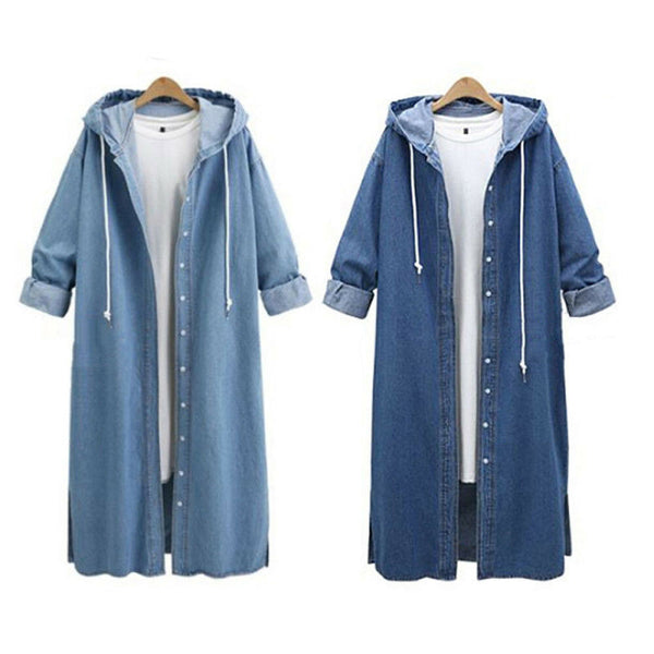 Plus Size Elegant Denim Jacket Long Coat Women's Hooded  Casual Aesthetic Jean Loose Windbreaker