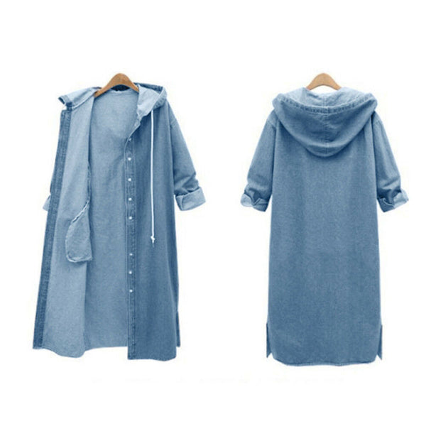 Plus Size Elegant Denim Jacket Long Coat Women's Hooded  Casual Aesthetic Jean Loose Windbreaker