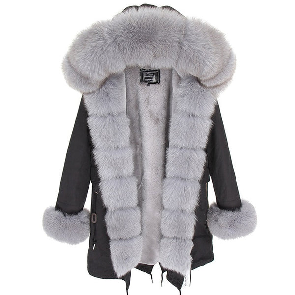 fashion winter jacket women real fur coat natural real fox fur collar loose long parkas big fur outerwear Detachable